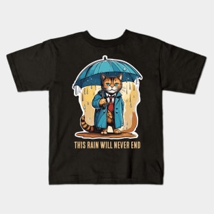 depressed cat in the rain Kids T-Shirt